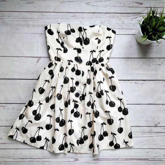 JILL STUART COLLECTION Lindsay Cherry Print Dress White and Black Strapless Sz 0 - Picture 2 of 7